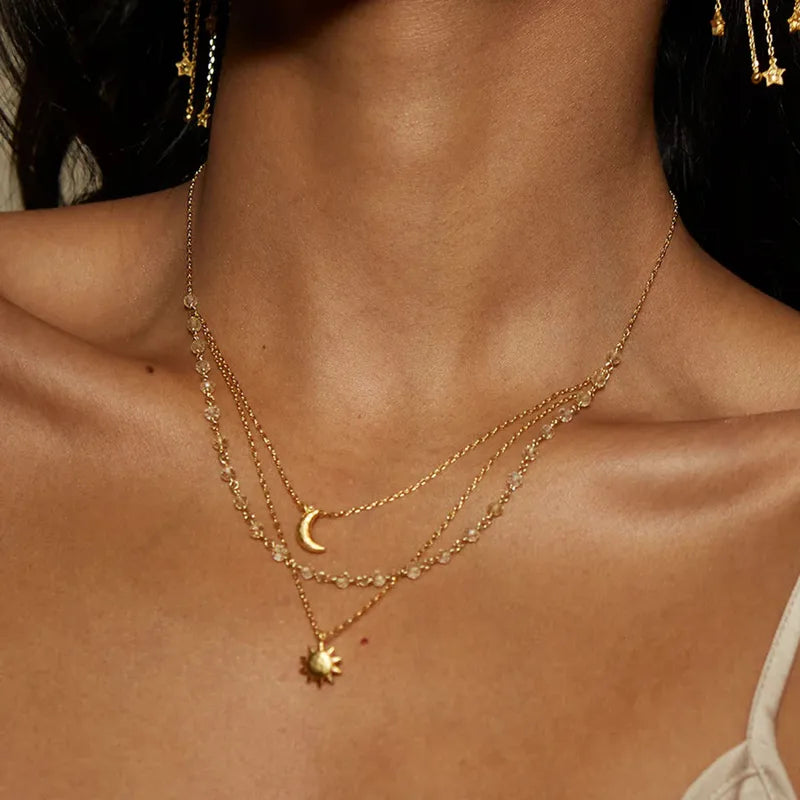 Triple Layer Star Moon Pendant Necklace - 18K Gold Plated 316 Stainless Steel