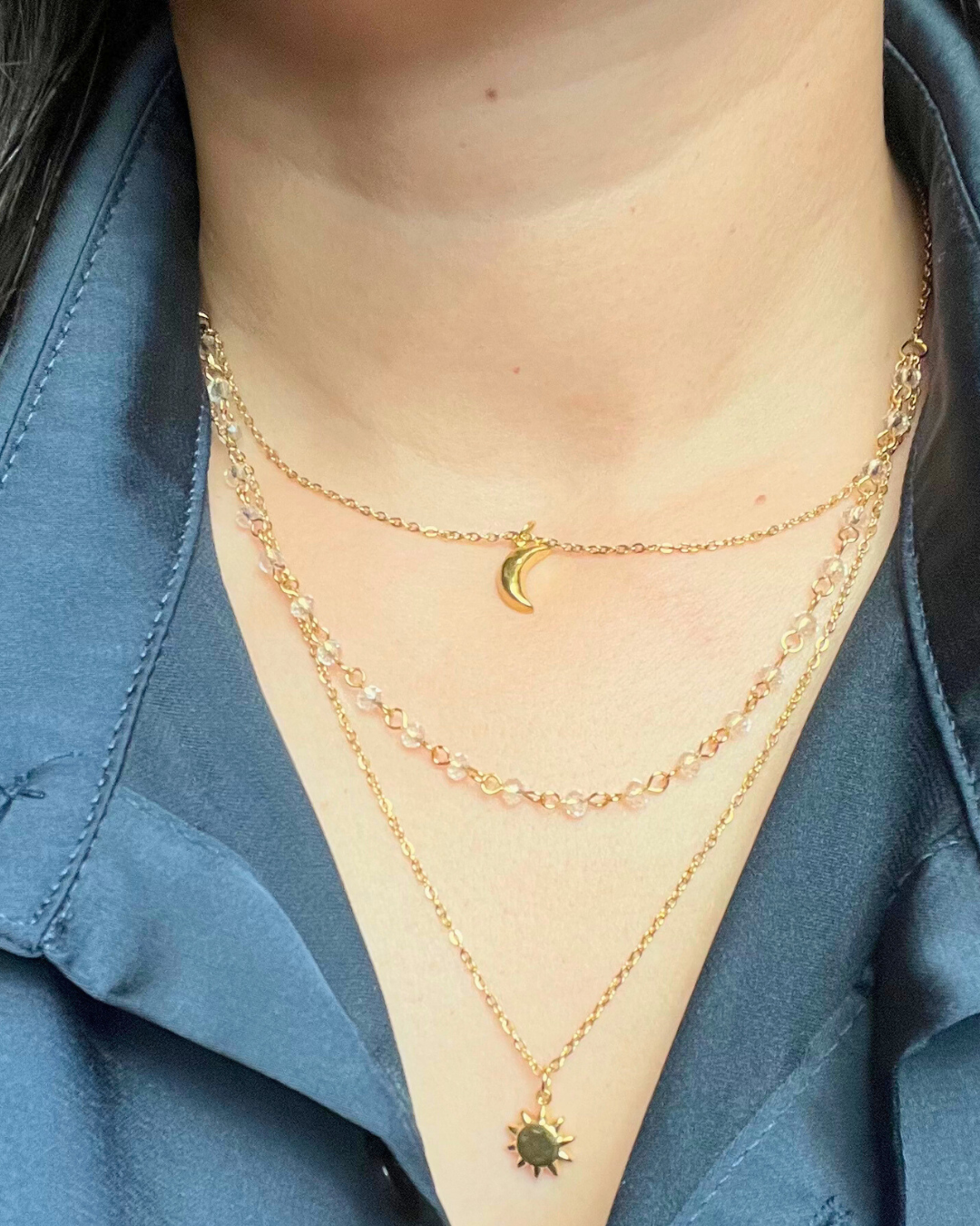 Triple Layer Star Moon Pendant Necklace - 18K Gold Plated 316 Stainless Steel