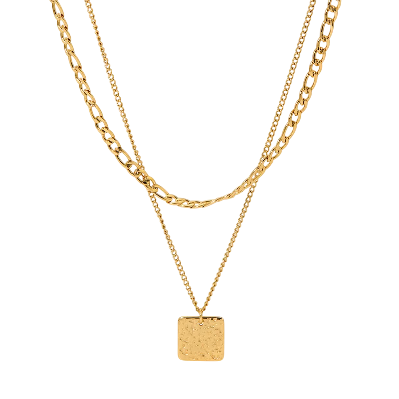 Double Layer Square Plate Pendant Necklace - 18K Gold Plated 316 Stainless Steel