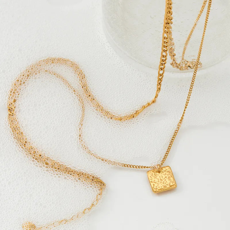 Double Layer Square Plate Pendant Necklace - 18K Gold Plated 316 Stainless Steel