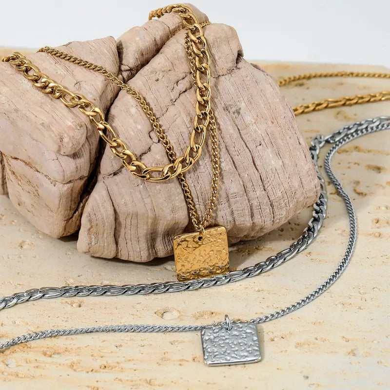 Double Layer Square Plate Pendant Necklace - 18K Gold Plated 316 Stainless Steel
