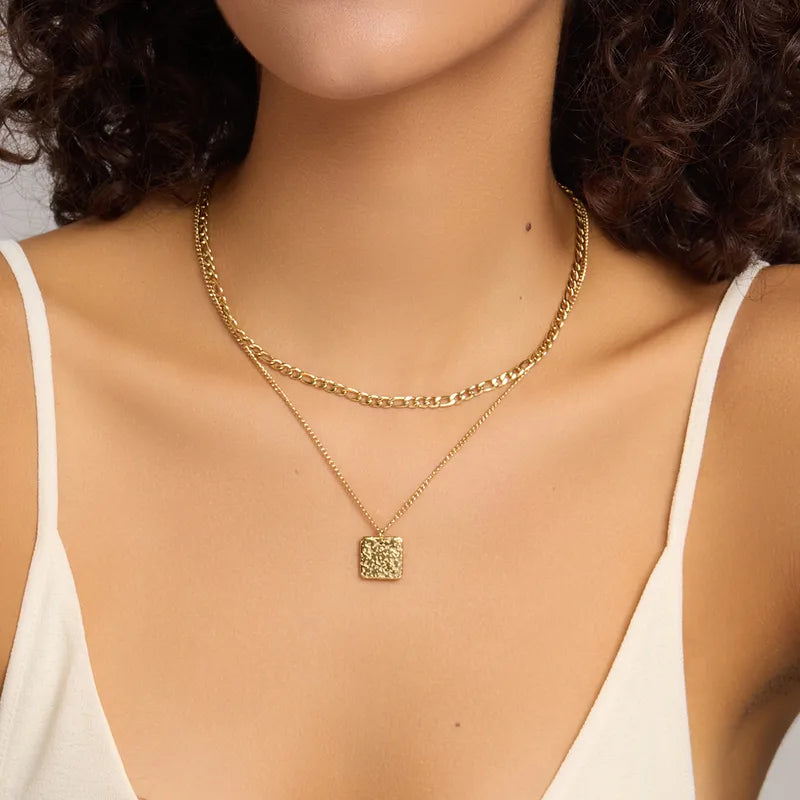 Double Layer Square Plate Pendant Necklace - 18K Gold Plated 316 Stainless Steel