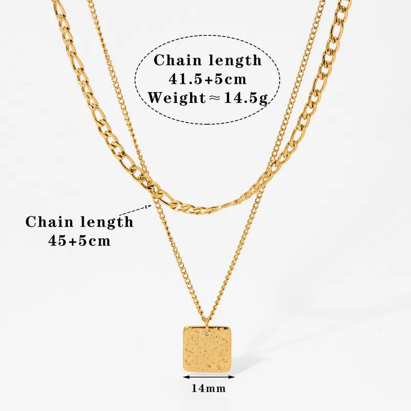 Double Layer Square Plate Pendant Necklace - 18K Gold Plated 316 Stainless Steel