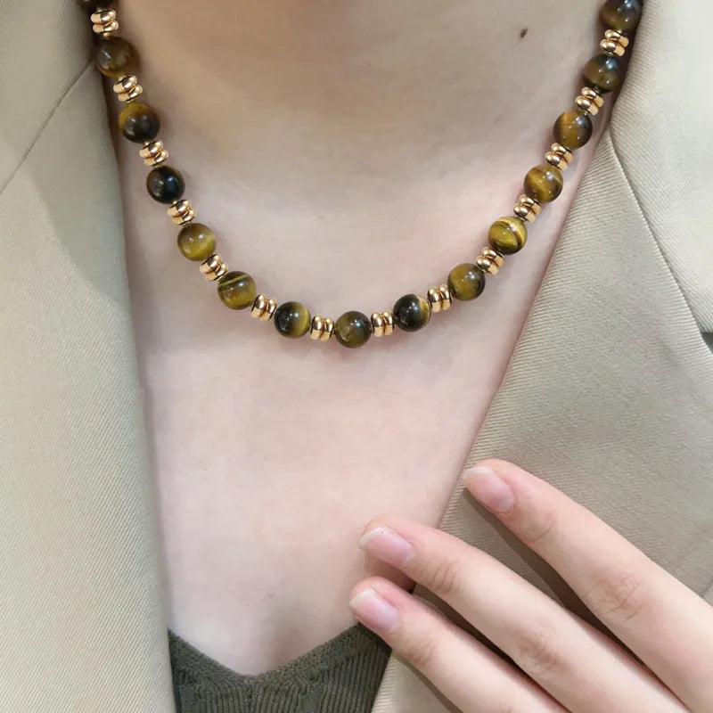Retro Tiger Eye Beaded Necklace - 18K Gold Plated 316 Stainless Steel