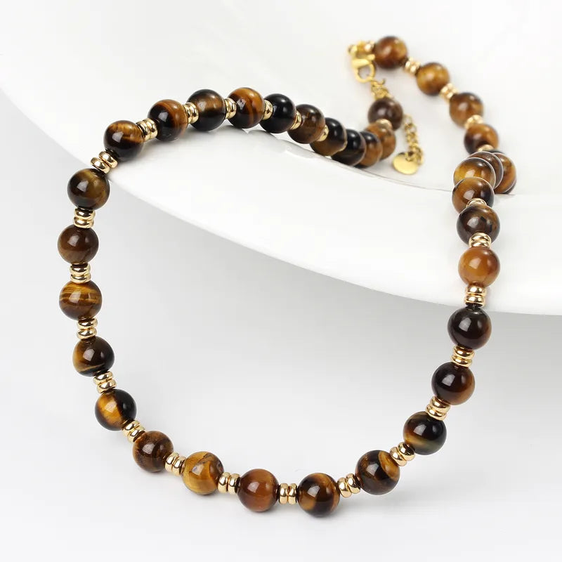 Retro Tiger Eye Beaded Necklace - 18K Gold Plated 316 Stainless Steel