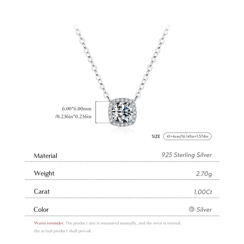 1.0ct Moissanite 925 Sterling Silver Square Pendant Necklace; Rhodium Plated, GRA Certified