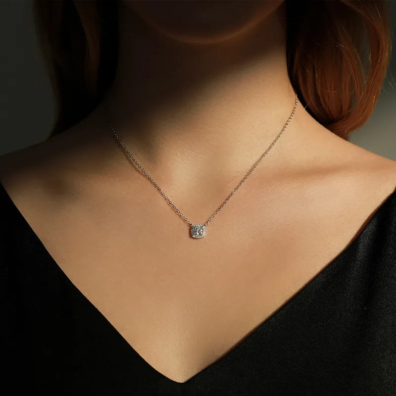 1.0ct Moissanite 925 Sterling Silver Square Pendant Necklace; Rhodium Plated, GRA Certified
