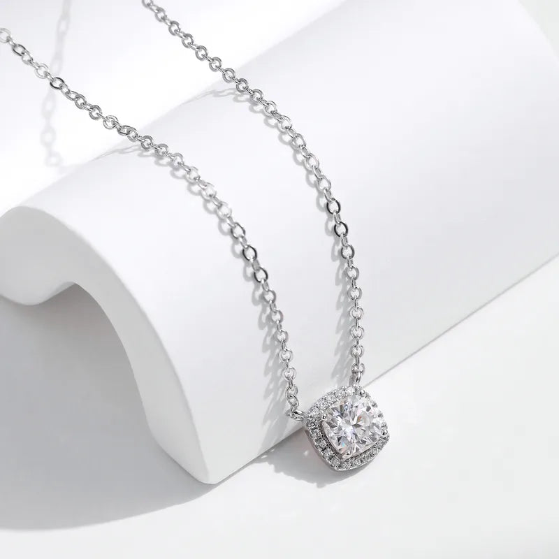 1.0ct Moissanite 925 Sterling Silver Square Pendant Necklace; Rhodium Plated, GRA Certified