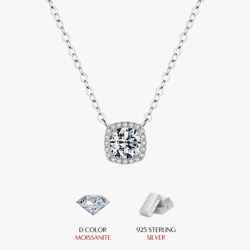 1.0ct Moissanite 925 Sterling Silver Square Pendant Necklace; Rhodium Plated, GRA Certified