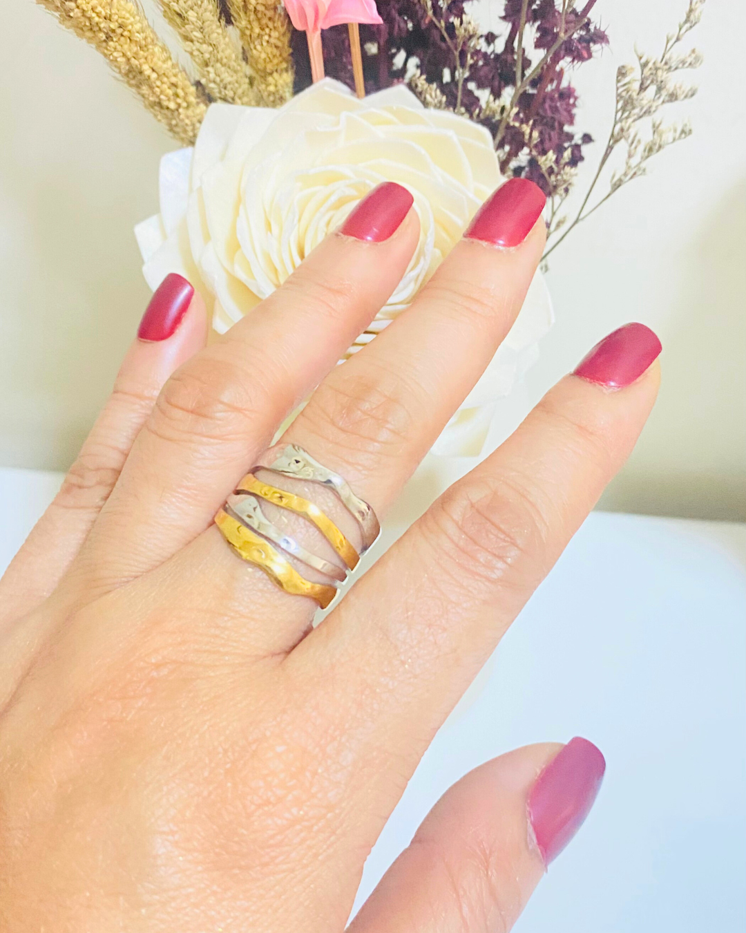 Irregular Layer Two Tone Adjustable Ring - 18K Gold Plated 316L Stainless Steel