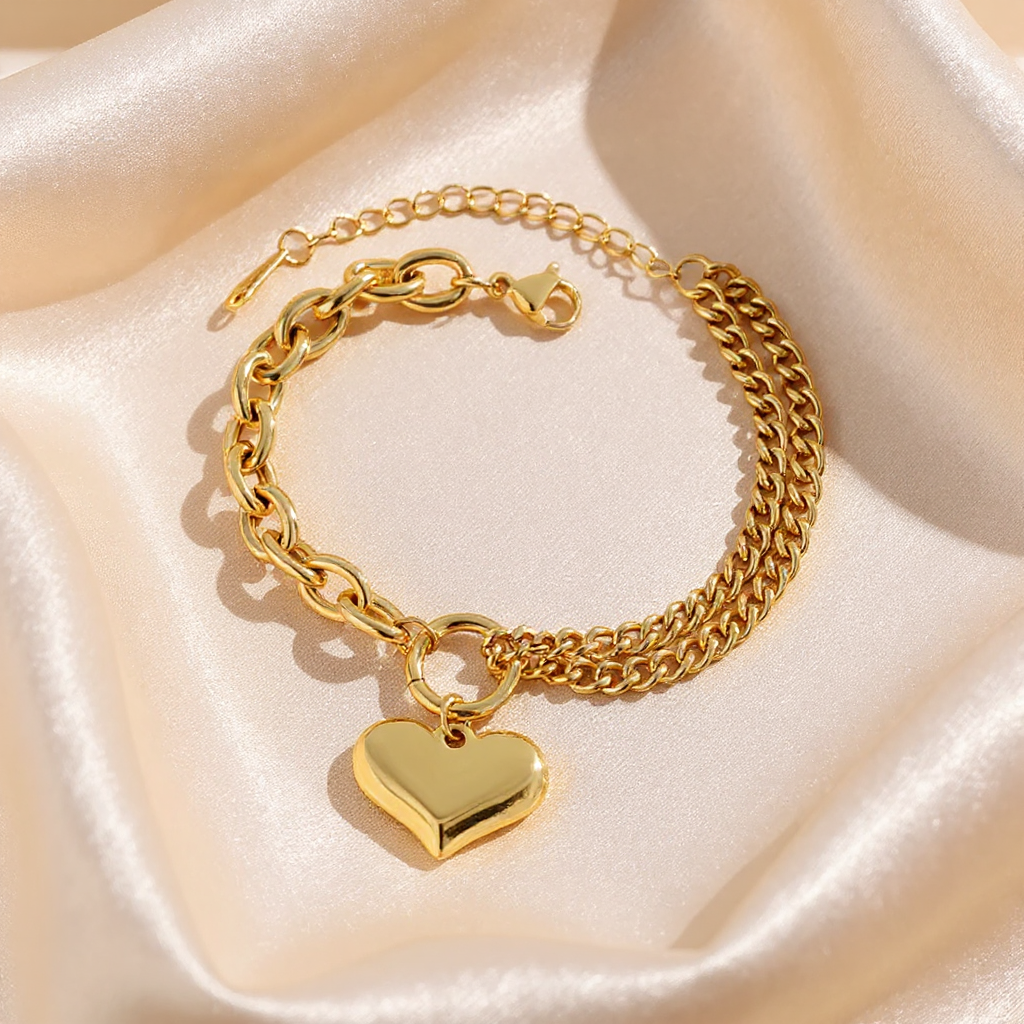 Chunky Heart & Charm in a Cable and Foxtail Chain Bracelet- 18K Gold Plated Titanium Steel