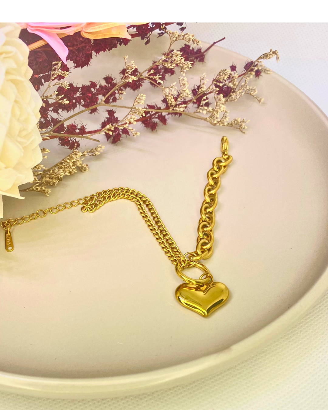 Chunky Heart & Charm in a Cable and Foxtail Chain Bracelet- 18K Gold Plated Titanium Steel
