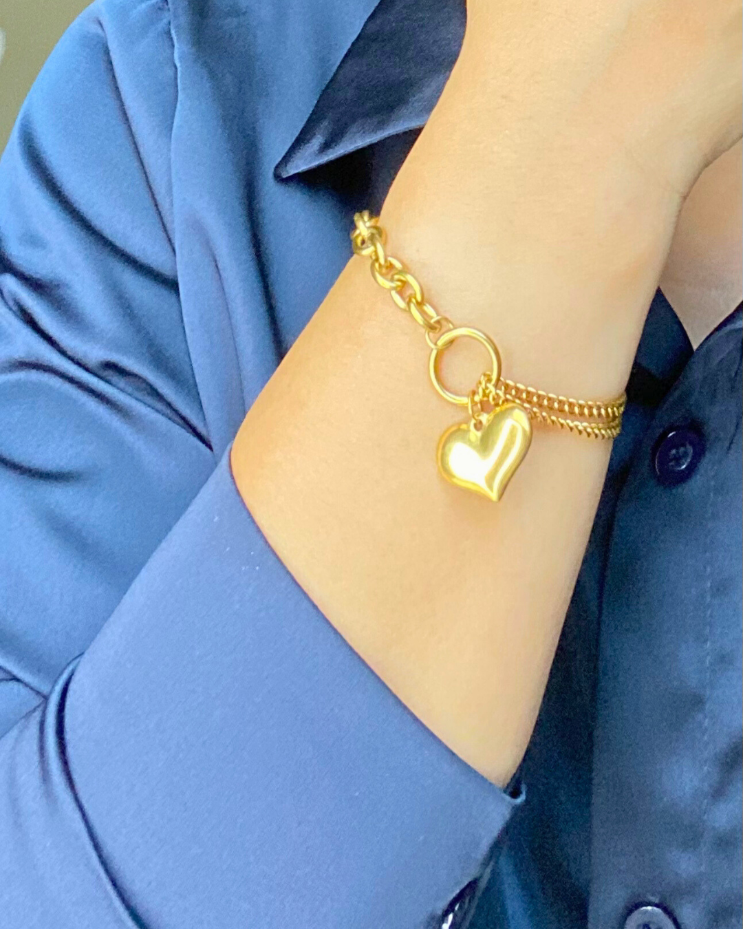 Chunky Heart & Charm in a Cable and Foxtail Chain Bracelet- 18K Gold Plated Titanium Steel