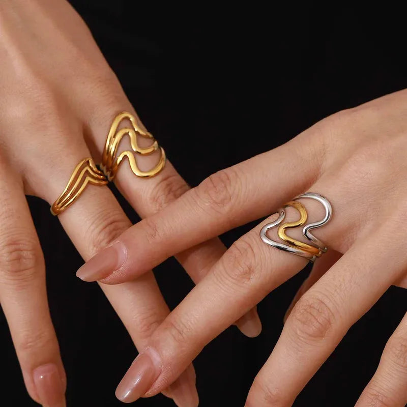 Chunky Three Layer Slanted V Adjustable Ring - 18K Gold Plated 316L Stainless Steel