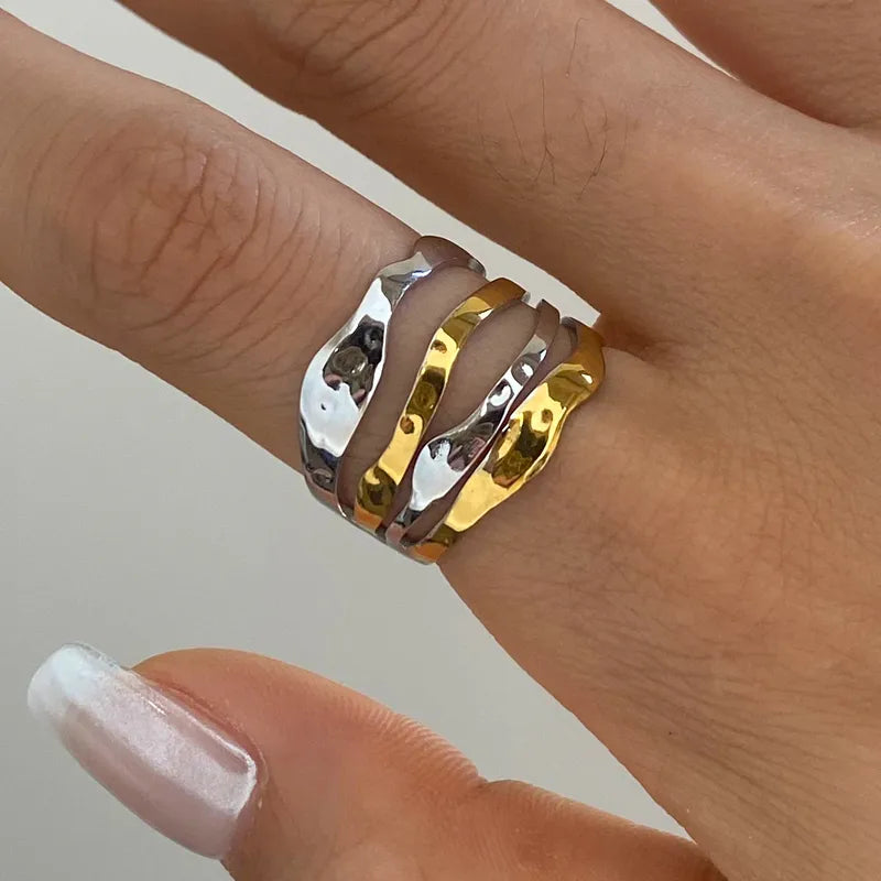 Irregular Layer Two Tone Adjustable Ring - 18K Gold Plated 316L Stainless Steel