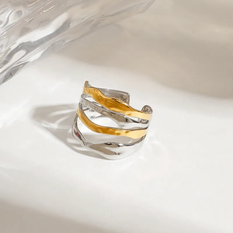 Irregular Layer Two Tone Adjustable Ring - 18K Gold Plated 316L Stainless Steel