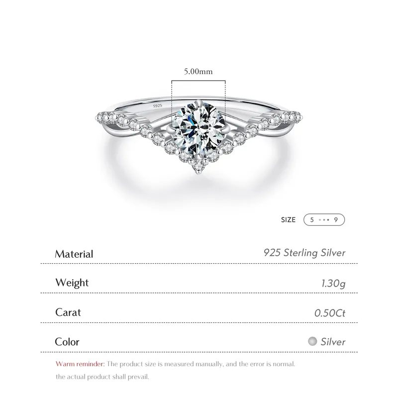 .5ct Moissanite 925 Sterling Silver Round Brilliant Rings, Rhodium Plated, GRA Certified
