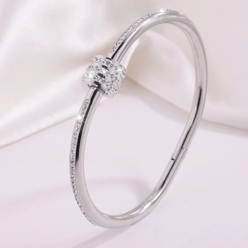 "Luxury PavΓ© Zircon Screw Nail Bangle β 18K Gold Plated Stainless Steel, Elegant Statement Bracelet"