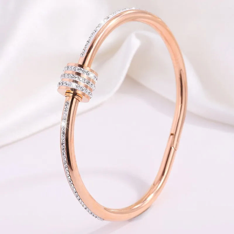 "Luxury PavΓ© Zircon Screw Nail Bangle β 18K Gold Plated Stainless Steel, Elegant Statement Bracelet"