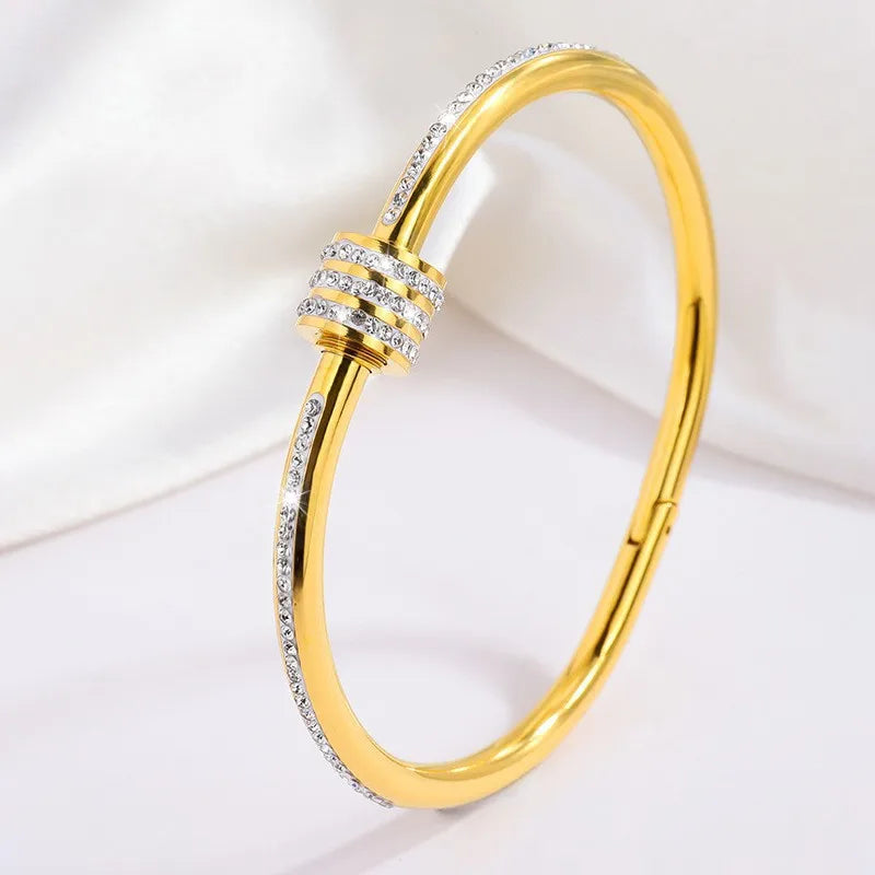 "Luxury PavΓ© Zircon Screw Nail Bangle β 18K Gold Plated Stainless Steel, Elegant Statement Bracelet"