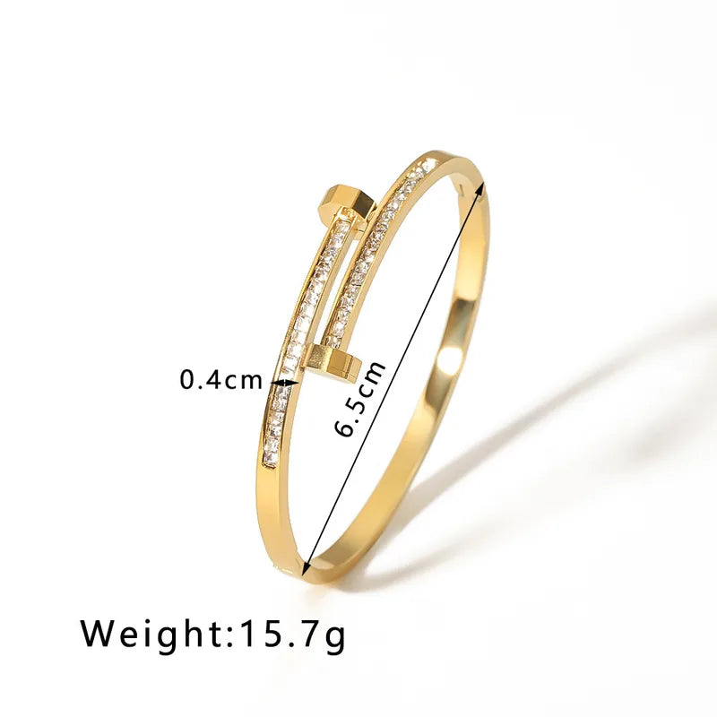 "Pavé Zircon Nail Head Bangle – 18K Gold Plated 304 Stainless Steel, Modern Minimalist Bracelet"