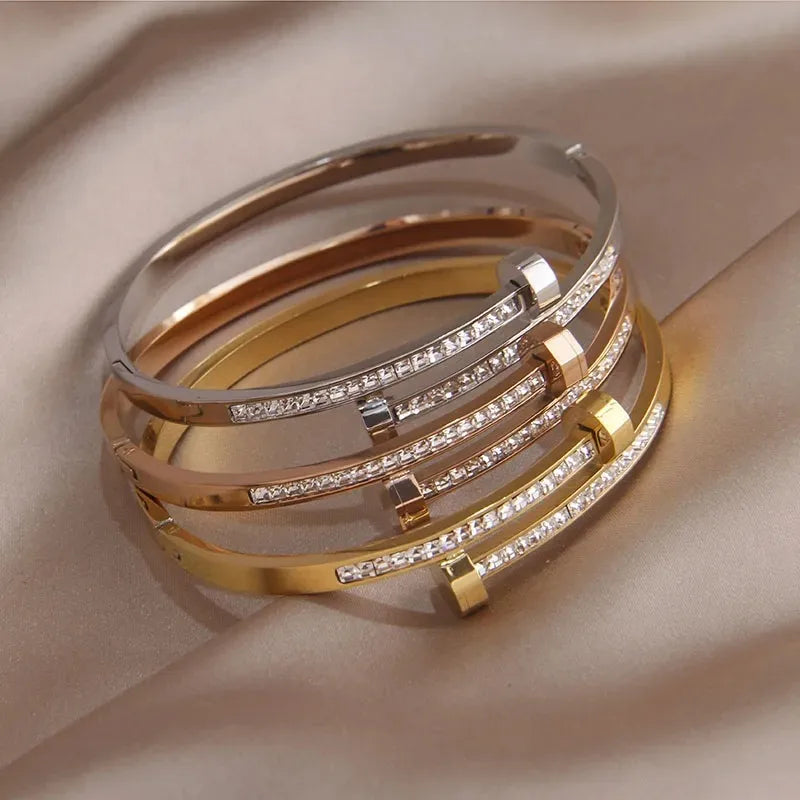 "Pavé Zircon Nail Head Bangle – 18K Gold Plated 304 Stainless Steel, Modern Minimalist Bracelet"
