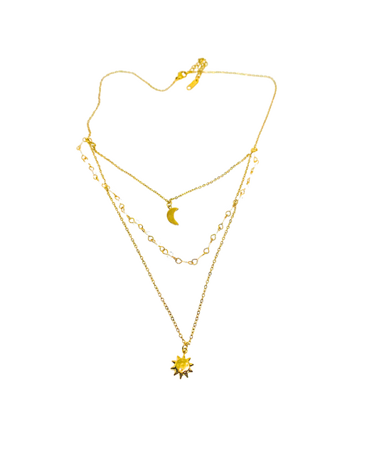 Triple Layer Star Moon Pendant Necklace - 18K Gold Plated 316 Stainless Steel