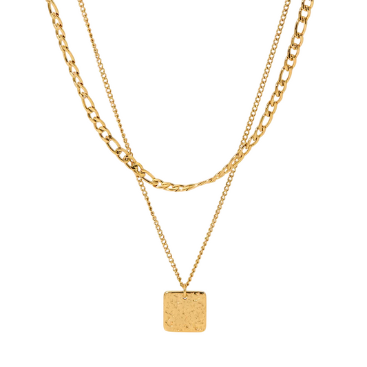Double Layer Square Plate Pendant Necklace - 18K Gold Plated 316 Stainless Steel