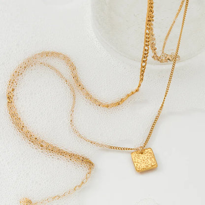 Double Layer Square Plate Pendant Necklace - 18K Gold Plated 316 Stainless Steel