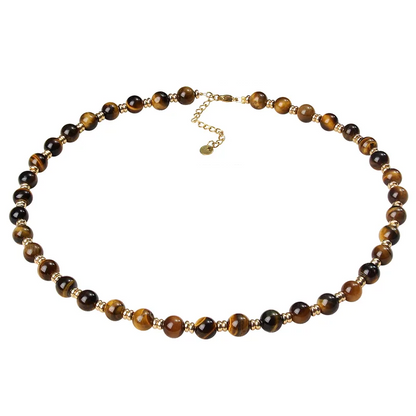 Retro Tiger Eye Beaded Necklace - 18K Gold Plated 316 Stainless Steel