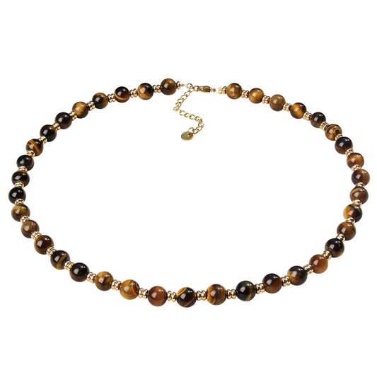Retro Tiger Eye Beaded Necklace - 18K Gold Plated 316 Stainless Steel