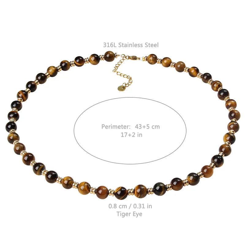 Retro Tiger Eye Beaded Necklace - 18K Gold Plated 316 Stainless Steel
