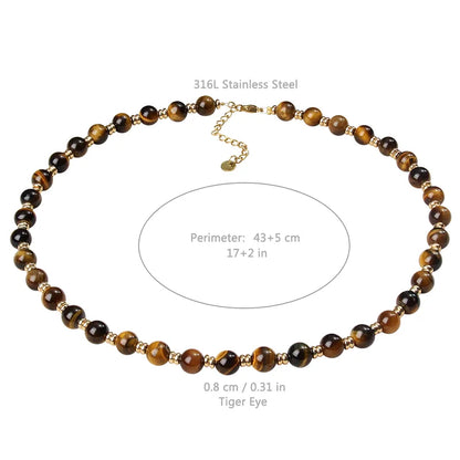 Retro Tiger Eye Beaded Necklace - 18K Gold Plated 316 Stainless Steel