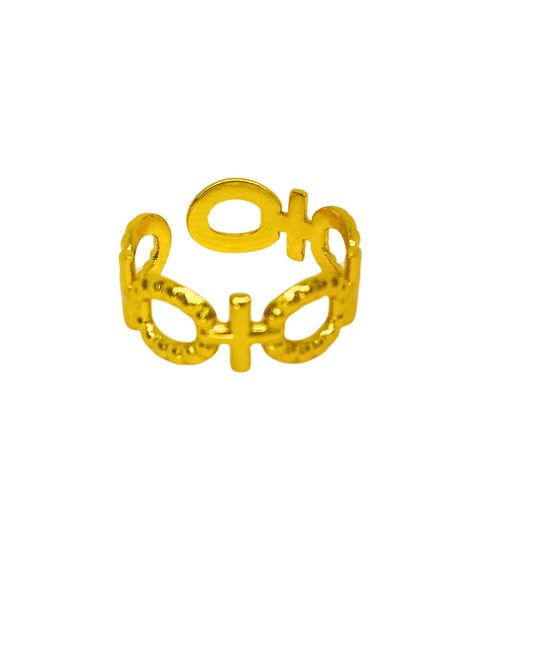 Geometric Cross / Round Adjustable Ring - 18K Gold Plated 316L Stainless Steel