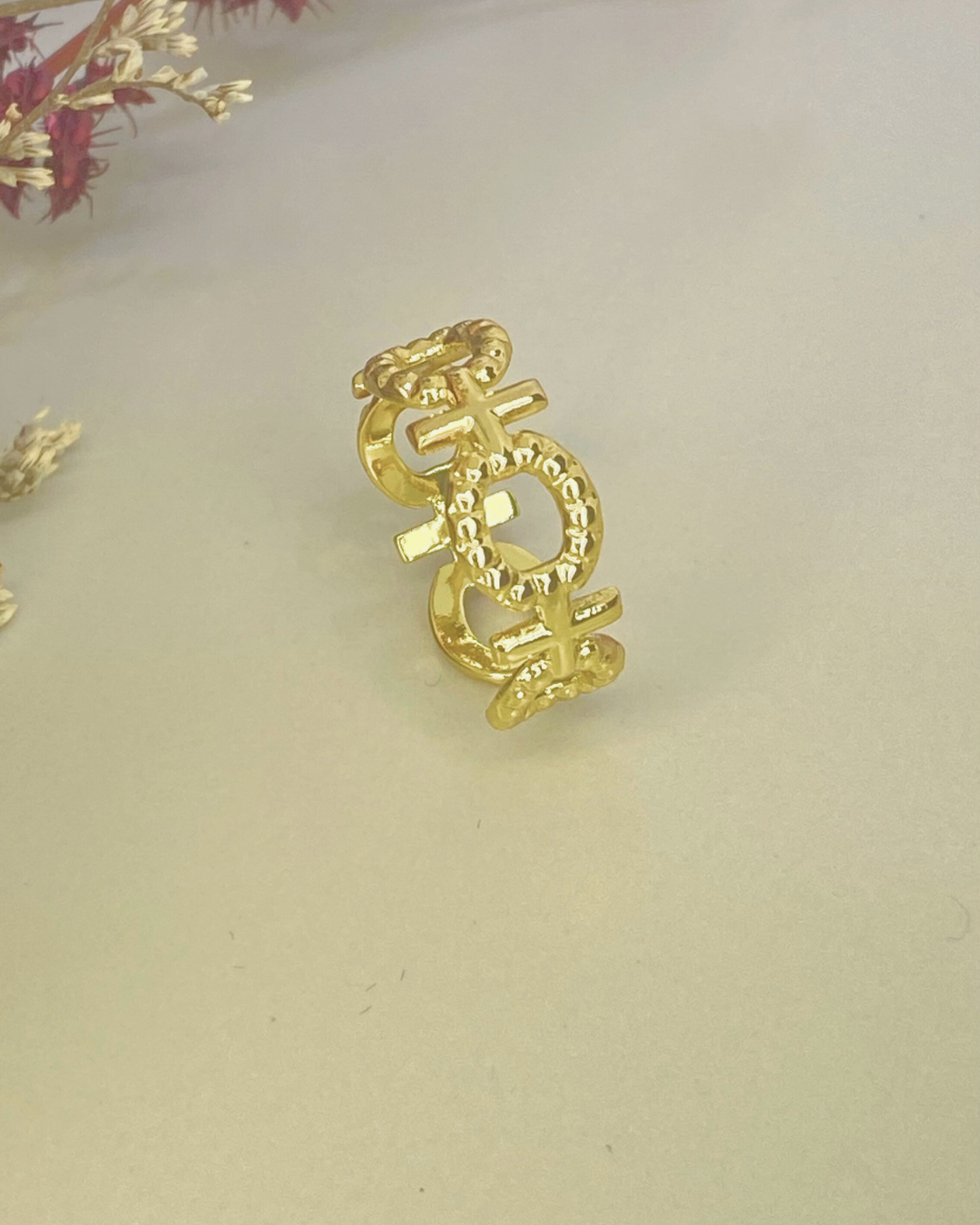 Geometric Cross / Round Adjustable Ring - 18K Gold Plated 316L Stainless Steel