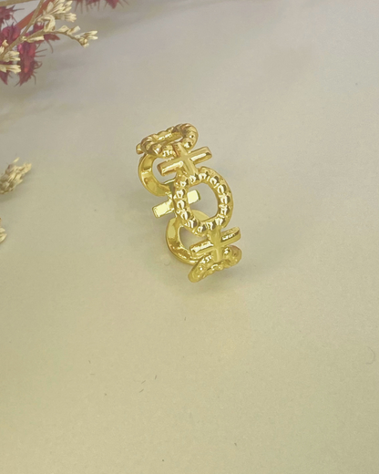 Geometric Cross / Round Adjustable Ring - 18K Gold Plated 316L Stainless Steel