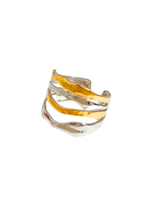 Irregular Layer Two Tone Adjustable Ring - 18K Gold Plated 316L Stainless Steel