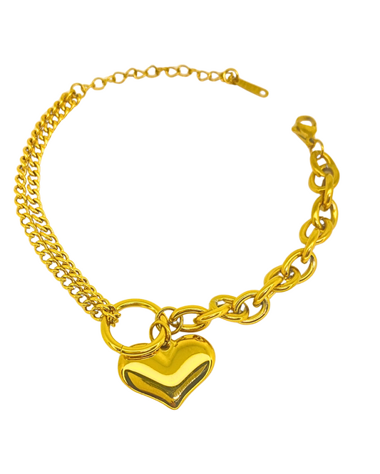 Chunky Heart & Charm in a Cable and Foxtail Chain Bracelet- 18K Gold Plated Titanium Steel
