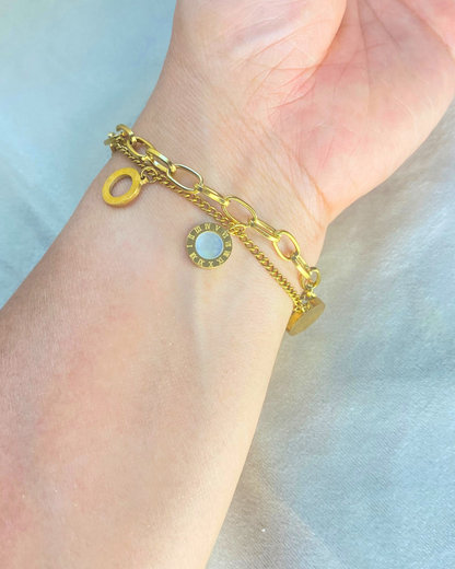 Bulgari-Inspired Pearl Inlay Charm Paperclip Chain Bracelet - 18K Gold Plated Titanium Steel