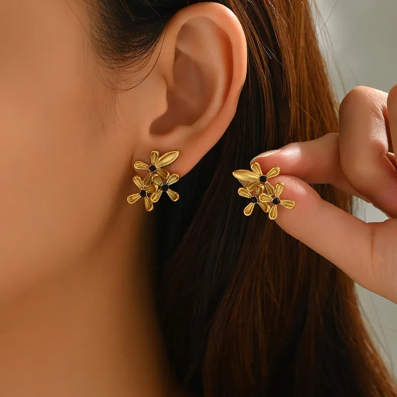 Chic Triple Flower Pearl Inlay Stud Earrings -  18K Gold Plated 316L Stainless Steel