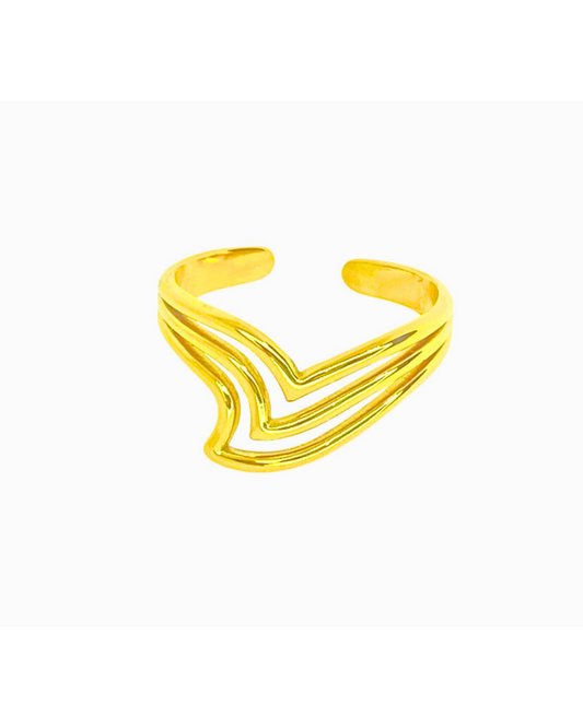 Chunky Three Layer Slanted V Adjustable Ring - 18K Gold Plated 316L Stainless Steel