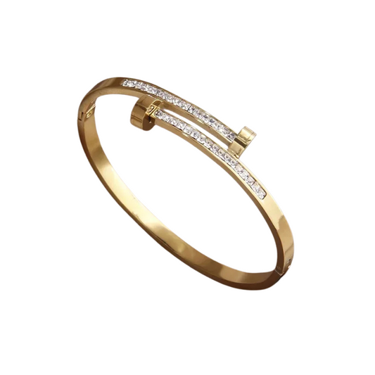 "Pavé Zircon Nail Head Bangle – 18K Gold Plated 304 Stainless Steel, Modern Minimalist Bracelet"