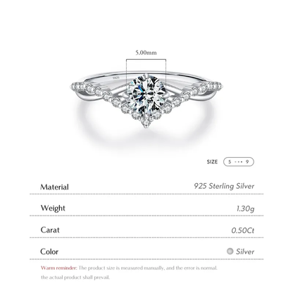.5ct Moissanite 925 Sterling Silver  Round Brilliant Rings, Rhodium Plated, GRA Certified