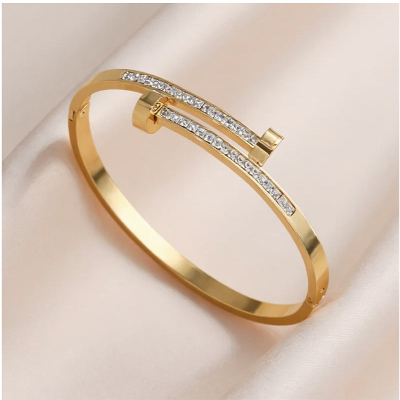LYN Pavé Zircon Nail Head Bangle – 18K Gold Plated 304 Stainless Steel