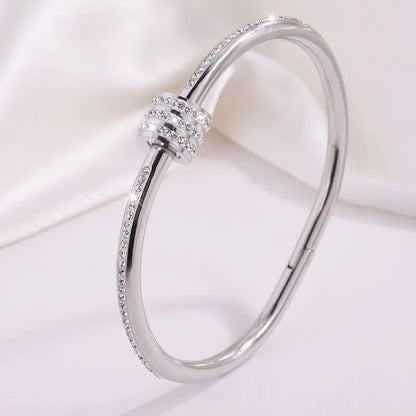 "Luxury Pavé Zircon Screw Nail Bangle – 18K Gold Plated Stainless Steel, Elegant Statement Bracelet"
