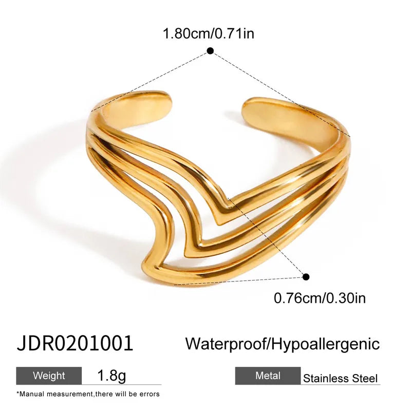 Chunky Three Layer Slanted V Adjustable Ring - 18K Gold Plated 316L Stainless Steel