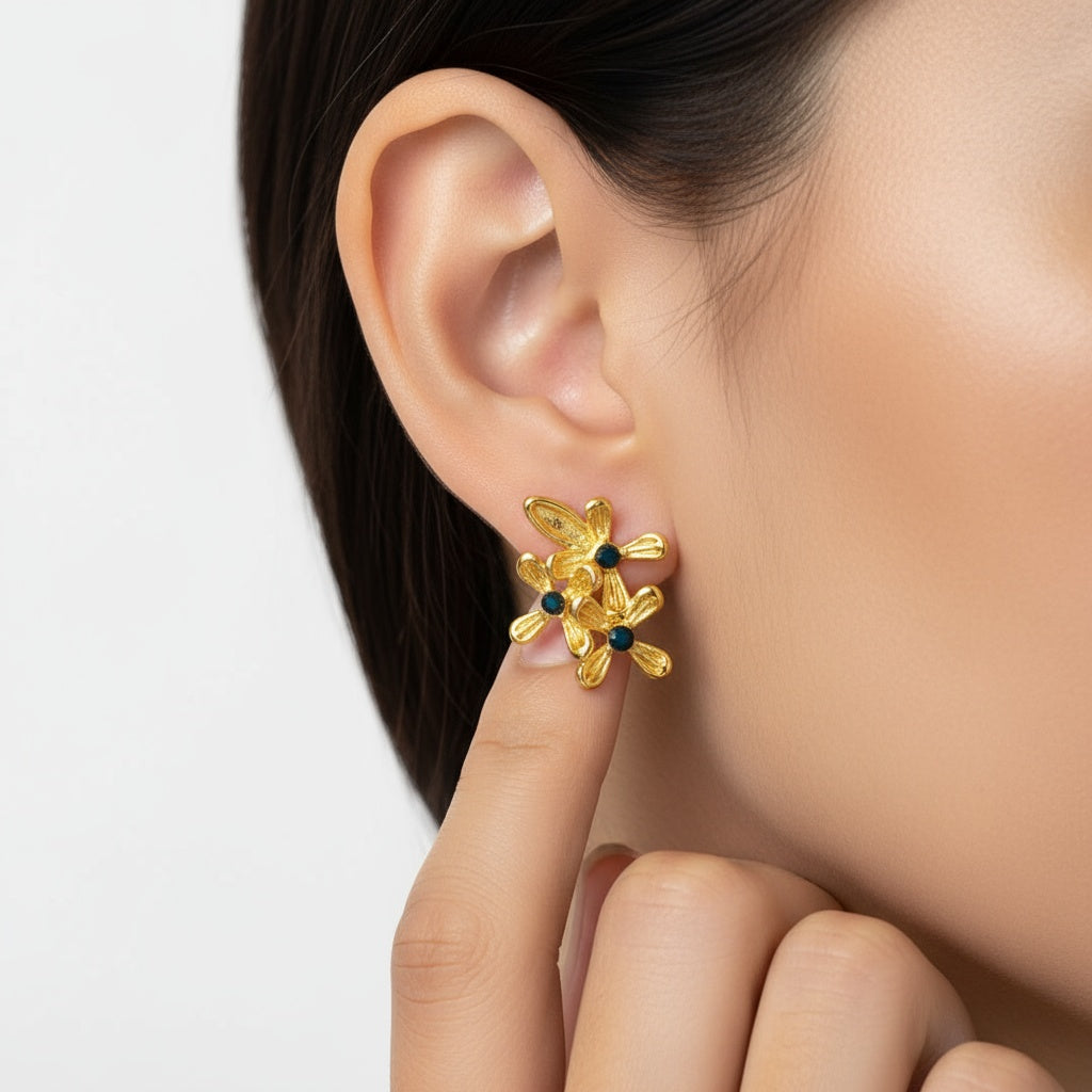 Chic Triple Flower Pearl Inlay Stud Earrings – 18K Gold Plated 316L Stainless Steel